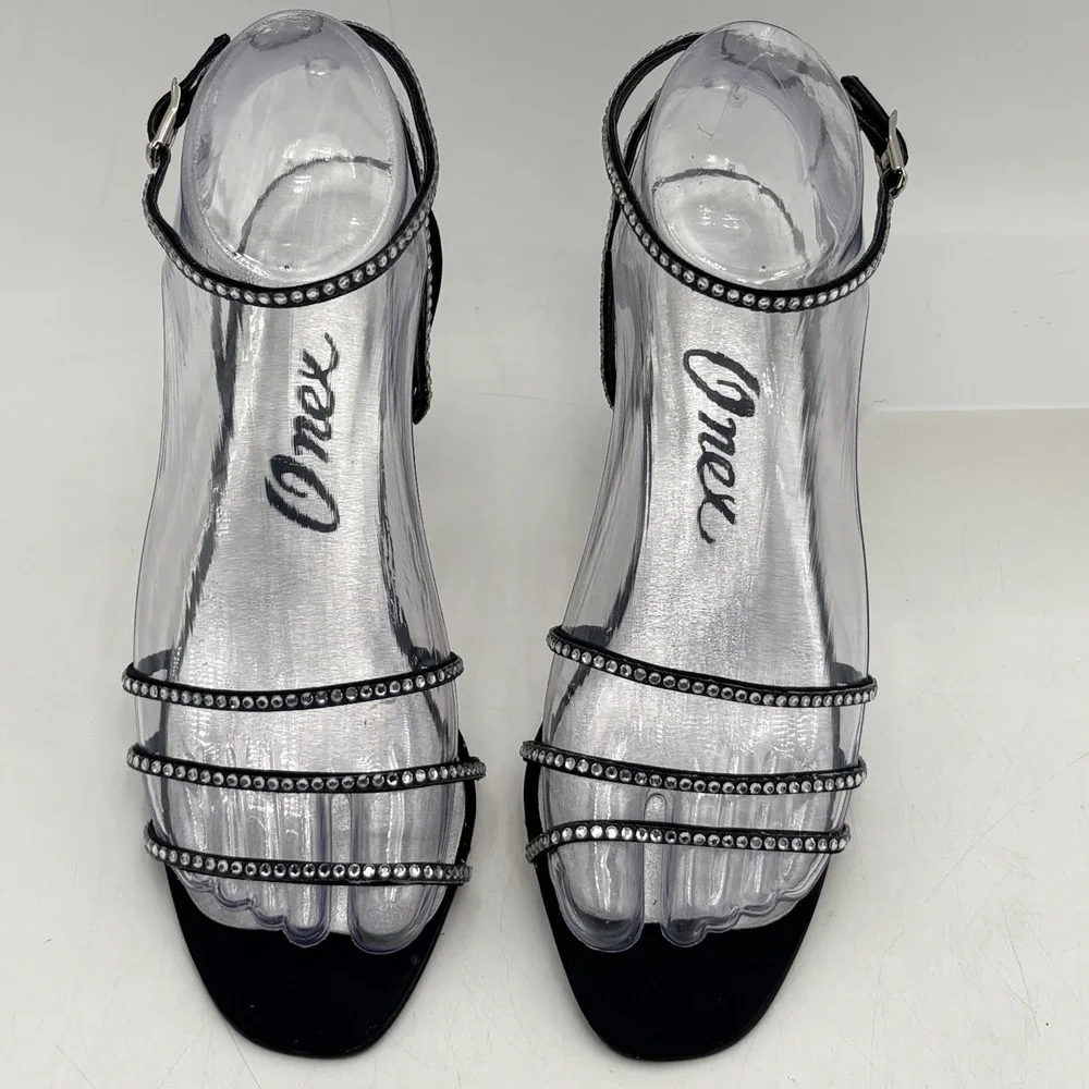 Onex Heels Womens 6.5M Black Rhinestone Strappy Sandals Slingback USA Formal